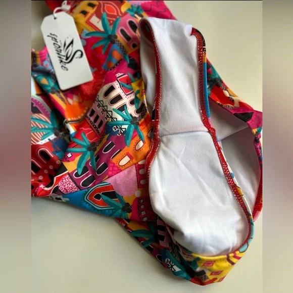 Sporlike One Piece Swimsuit Ruffle Straps Colorful New Size Small - Picture 4 of 7